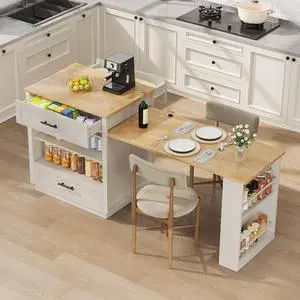 Kitchen Island with Extendable Dining Table, White Kitchen Island with Extendable Dining Table, White