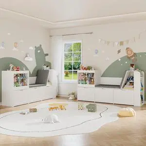 2 Pack Kids Bookshelf with Reading Nook, 66.9'' Wooden Toy Storage Organizer with Stuffed Animal Holder, White Bookcase for Boys & Girls, Toddler Toy Storage with Drawers for Bedroom, Nursery 2 Pack Kids Bookshelf with Reading Nook, 66.9'' Wooden Toy Storage Organizer with Stuffed Animal Holder, White Bookcase for Boys & Girls, Toddler Toy Storage with Drawers for Bedroom, Nursery