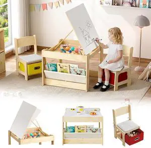 Kids Table and 2 Chairs Set, Wooden Toddler Activity Table with Adjustable Drawing Tabletop, Safety Hinges, Storage Drawers &Bookshelf for Playroom, Nursery, Ages 1-6, Burlywood Kids Table and 2 Chairs Set, Wooden Toddler Activity Table with Adjustable Drawing Tabletop, Safety Hinges, Storage Drawers &Bookshelf for Playroom, Nursery, Ages 1-6, Burlywood