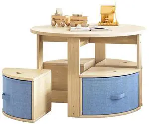 Round Kids Table and 4 Chairs Set, Toddler Activity Table with Storage Bins Under Each Stool, Wooden Kids Table for Play, Art, Reading and Snacks, Space-Saving Children Furniture, Burlywood Round Kids Table and 4 Chairs Set, Toddler Activity Table with Storage Bins Under Each Stool, Wooden Kids Table for Play, Art, Reading and Snacks, Space-Saving Children Furniture, Burlywood