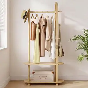 31.5" Freestanding Wooden Clothes Rack with Shelves and Side Hooks 31.5" Freestanding Wooden Clothes Rack with Shelves and Side Hooks
