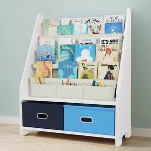 Kids Bookshelf, 4-Tier Sling Book Rack with 2 Fabric Bins, Blue Kids Bookshelf, 4-Tier Sling Book Rack with 2 Fabric Bins, Blue