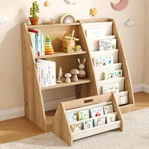 Kids Bookshelf with Storage, Detachable Montessori Toddler Bookshelf, Solid Pine Wood Front Facing Bookshelf with 6 Sling Pockets & 3-Tier Organizer, Nursery Bookcase for Playroom Bedroom Kids Bookshelf with Storage, Detachable Montessori Toddler Bookshelf, Solid Pine Wood Front Facing Bookshelf with 6 Sling Pockets & 3-Tier Organizer, Nursery Bookcase for Playroom Bedroom