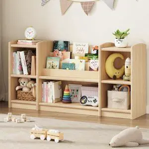 Wooden Montessori Shelf with 3-Tier Bookshelf, Natural Wooden Montessori Shelf with 3-Tier Bookshelf, Natural