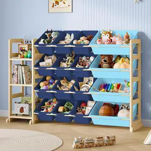 Toy Storage Organizer, Toy Storage Shelf with 3 Shelves and 16 Storage Bins (12 Small + 4 Large), 3-in-1 Kids Bookshelf for Kids Rooms, Playroom, Nursery, Blue Toy Storage Organizer, Toy Storage Shelf with 3 Shelves and 16 Storage Bins (12 Small + 4 Large), 3-in-1 Kids Bookshelf for Kids Rooms, Playroom, Nursery, Blue