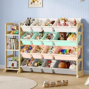 Toy Storage Organizer, Toy Storage Shelf with 3 Shelves and 16 Storage Bins (12 Small + 4 Large), 3-in-1 Kids Bookshelf for Kids Rooms, Playroom, Nursery, Multi Toy Storage Organizer, Toy Storage Shelf with 3 Shelves and 16 Storage Bins (12 Small + 4 Large), 3-in-1 Kids Bookshelf for Kids Rooms, Playroom, Nursery, Multi