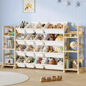 Extra Large Toy Storage - Toy Storage Organizer, Wooden Toy Organizer with 6 Side Shelves and 16 Bins, 3-in-1 Bookshelf for Kids Rooms, Playroom, Nursery, White Extra Large Toy Storage - Toy Storage Organizer, Wooden Toy Organizer with 6 Side Shelves and 16 Bins, 3-in-1 Bookshelf for Kids Rooms, Playroom, Nursery, White
