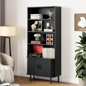4-Tier Bookshelf with Sliding Door, 71" Bookcase Black 4-Tier Bookshelf with Sliding Door, 71" Bookcase Black