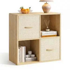 4 Cube Storage Organizer - Solid Wood Bookshelf with 2 Storage Bins, Cube Shelf with 2 Removable Back Panels, Vertical or Horizontal Bookcase, Open Book Shelf for Bedroom, Living Room, Office 4 Cube Storage Organizer - Solid Wood Bookshelf with 2 Storage Bins, Cube Shelf with 2 Removable Back Panels, Vertical or Horizontal Bookcase, Open Book Shelf for Bedroom, Living Room, Office