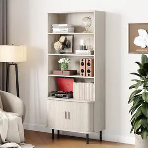 4-Tier Bookshelf with Sliding Door, 71" Bookcase Natural White 4-Tier Bookshelf with Sliding Door, 71" Bookcase Natural White
