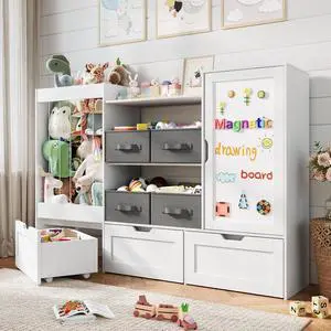 61" W Kids Toy Storage Organizer with Stuffed Animal Storage, 3 Movable Storage Drawers, 4 Removable Storage Bins, Wooden Bookshelf with Magnetic Drawing Board for Kids Room & Playroom, White 61" W Kids Toy Storage Organizer with Stuffed Animal Storage, 3 Movable Storage Drawers, 4 Removable Storage Bins, Wooden Bookshelf with Magnetic Drawing Board for Kids Room & Playroom, White