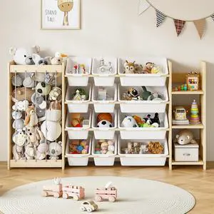 3-in-1 Toy Storage Organizer, Stuffed Animal Holder & 3-Tier Bookcase, Solid Wood Toy Organizer with 12 Storage Bins, Space-Saving Toy & Book Shelf for Kids Rooms, Bedroom, Playroom, White 3-in-1 Toy Storage Organizer, Stuffed Animal Holder & 3-Tier Bookcase, Solid Wood Toy Organizer with 12 Storage Bins, Space-Saving Toy & Book Shelf for Kids Rooms, Bedroom, Playroom, White