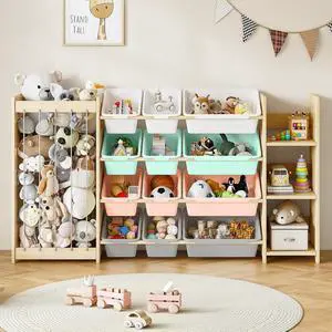 3-in-1 Toy Storage Organizer, Stuffed Animal Holder & 3-Tier Bookcase, Solid Wood Toy Organizer with 12 Storage Bins, Space-Saving Toy & Book Shelf for Kids Rooms, Bedroom, Playroom, Multi 3-in-1 Toy Storage Organizer, Stuffed Animal Holder & 3-Tier Bookcase, Solid Wood Toy Organizer with 12 Storage Bins, Space-Saving Toy & Book Shelf for Kids Rooms, Bedroom, Playroom, Multi