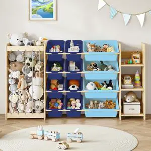 3-in-1 Toy Storage Organizer, Stuffed Animal Holder & 3-Tier Bookcase, Solid Wood Toy Organizer with 12 Storage Bins, Space-Saving Toy & Book Shelf for Kids Rooms, Bedroom, Playroom, Blue 3-in-1 Toy Storage Organizer, Stuffed Animal Holder & 3-Tier Bookcase, Solid Wood Toy Organizer with 12 Storage Bins, Space-Saving Toy & Book Shelf for Kids Rooms, Bedroom, Playroom, Blue