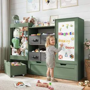 61" W Toy Storage Organizer, Wooden Kids Bookshelf, Drawing Board 61" W Toy Storage Organizer, Wooden Kids Bookshelf, Drawing Board