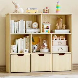 Solid Pine Wood Toy Storage Organizer, Kids Bookshelf and Toy Organizer with 3 Rolling Drawers, 5 Storage Cubes, Montessori Playroom Storage Cabinet, Burlywood Solid Pine Wood Toy Storage Organizer, Kids Bookshelf and Toy Organizer with 3 Rolling Drawers, 5 Storage Cubes, Montessori Playroom Storage Cabinet, Burlywood