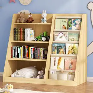Kids Bookshelf and Toy Storage Organizer, 4 Tier Wooden Kids Book Shelf with Sling Book Rack in Kids Room Playroom Nursery for Kids, Children, Toddlers Kids Bookshelf and Toy Storage Organizer, 4 Tier Wooden Kids Book Shelf with Sling Book Rack in Kids Room Playroom Nursery for Kids, Children, Toddlers