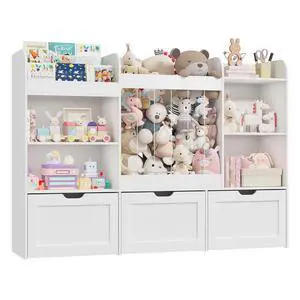 61" W Extra Large Kids Toy Storage Organizer with Bookshelf and Stuffed Animal Storage, 3 Large Movable Drawers, 4 Compartments & 3-Tier Shelves for Kids Room, Playroom, White 61" W Extra Large Kids Toy Storage Organizer with Bookshelf and Stuffed Animal Storage, 3 Large Movable Drawers, 4 Compartments & 3-Tier Shelves for Kids Room, Playroom, White