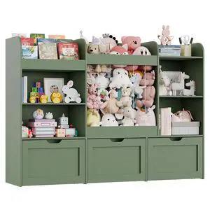 61" W Extra Large Kids Toy Storage Organizer with Bookshelf and Stuffed Animal Storage, 3 Large Movable Drawers, 4 Compartments & 3-Tier Shelves for Nursery, Bedroom, Green 61" W Extra Large Kids Toy Storage Organizer with Bookshelf and Stuffed Animal Storage, 3 Large Movable Drawers, 4 Compartments & 3-Tier Shelves for Nursery, Bedroom, Green