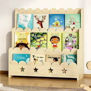 Scalloped Bookshelf for Kids, 3-Tier Front Facing Book Display Shelf, Solid Wood Montessori Bookcase Organizer for Bedroom, Nursery, Playroom & Classroom Scalloped Bookshelf for Kids, 3-Tier Front Facing Book Display Shelf, Solid Wood Montessori Bookcase Organizer for Bedroom, Nursery, Playroom & Classroom