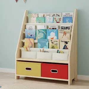 4 Tier Kids Book Shelf, Wooden Kids Book Rack Storage Bookshelf with Toy Storage Organizer, Toddler Sling Bookshelf for Boys, Girls, Play Room, Nursery, Red/Yellow 4 Tier Kids Book Shelf, Wooden Kids Book Rack Storage Bookshelf with Toy Storage Organizer, Toddler Sling Bookshelf for Boys, Girls, Play Room, Nursery, Red/Yellow
