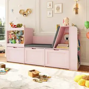 66.9" W Kids Reading Nook with Bookshelf and Stuffed Animal Storage 66.9" W Kids Reading Nook with Bookshelf and Stuffed Animal Storage
