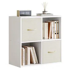 4 Cube Storage Organizer - Solid Wood Bookshelf with 2 Storage Bins, Cube Shelf with 2 Removable Back Panels, Vertical or Horizontal Bookcase, Open Book Shelf for Bedroom, Living Room, Office, White 4 Cube Storage Organizer - Solid Wood Bookshelf with 2 Storage Bins, Cube Shelf with 2 Removable Back Panels, Vertical or Horizontal Bookcase, Open Book Shelf for Bedroom, Living Room, Office, White