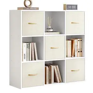9 Cube Storage Organizer - Solid Wood Bookshelf with 5 Storage Bins, Cube Shelf with 3 Removable Back Panels, Vertical or Horizontal Bookcase, Open Book Shelf for Bedroom, Living Room, Office, White 9 Cube Storage Organizer - Solid Wood Bookshelf with 5 Storage Bins, Cube Shelf with 3 Removable Back Panels, Vertical or Horizontal Bookcase, Open Book Shelf for Bedroom, Living Room, Office, White
