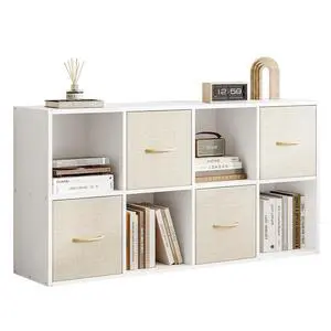 8 Cube Storage Organizer - Solid Wood Bookshelf with 4 Storage Bins, Cube Shelf with 2 Removable Back Panels, Vertical or Horizontal Bookcase, Open Book Shelf for Bedroom, Living Room, Office, White 8 Cube Storage Organizer - Solid Wood Bookshelf with 4 Storage Bins, Cube Shelf with 2 Removable Back Panels, Vertical or Horizontal Bookcase, Open Book Shelf for Bedroom, Living Room, Office, White