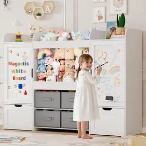 61"W Toy Storage Organizer, Kids Bookshelf with 122L Stuffed Animal Storage, 2 Magnetic Drawing Boards, 2 Movable Toy Boxes and 4 Fabric Bins, Wooden Shelf for Kids Room/Playroom/Living Room 61"W Toy Storage Organizer, Kids Bookshelf with 122L Stuffed Animal Storage, 2 Magnetic Drawing Boards, 2 Movable Toy Boxes and 4 Fabric Bins, Wooden Shelf for Kids Room/Playroom/Living Room