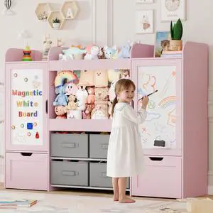VontinT 61" W Toy Organizer with Magnetic Boards & 6-Cube Bookshelf, Wooden VontinT 61" W Toy Organizer with Magnetic Boards & 6-Cube Bookshelf, Wooden
