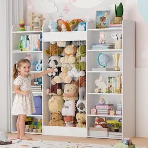 63" W Kids Bookshelf, Toy Storage with 233L Stuffed Animal Zoo for 100+ Plush Toys, 12-Tier Open Cube Organizer Shelf with 10 Cubbies for Boys/Girls, Playroom/Kids Room/Classroom, Home Decor 63" W Kids Bookshelf, Toy Storage with 233L Stuffed Animal Zoo for 100+ Plush Toys, 12-Tier Open Cube Organizer Shelf with 10 Cubbies for Boys/Girls, Playroom/Kids Room/Classroom, Home Decor