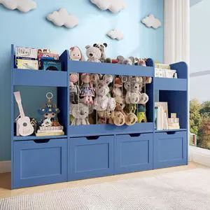 63"W Toy Storage Organizer, 3-Tier Kids Bookshelf with 4 Rolling Drawers 63"W Toy Storage Organizer, 3-Tier Kids Bookshelf with 4 Rolling Drawers