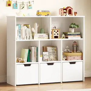 Solid Pine Wood Toy Storage Organizer, Kids Bookshelf and Toy Organizer with 3 Rolling Drawers, 5 Storage Cubes, Montessori Playroom Storage Cabinet, White Solid Pine Wood Toy Storage Organizer, Kids Bookshelf and Toy Organizer with 3 Rolling Drawers, 5 Storage Cubes, Montessori Playroom Storage Cabinet, White