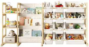 3-in-1 Kids Bookshelf with Toy Storage, Front Rack, 12 Bins 3-in-1 Kids Bookshelf with Toy Storage, Front Rack, 12 Bins