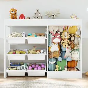 50.6"Wx39.4"H Toy Storage Organizer, Toy Shelf with Stuffed Animal Storage Zoo for 80+ Plushies, 6 Removable Plastic Bins, Wooden Organization for Playroom, Nursery(White) 50.6"Wx39.4"H Toy Storage Organizer, Toy Shelf with Stuffed Animal Storage Zoo for 80+ Plushies, 6 Removable Plastic Bins, Wooden Organization for Playroom, Nursery(White)