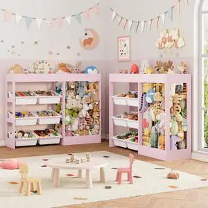 VontinT 2Pcs 50.6" W Toy Storage with Stuffed Animal Organizer&Bins, Wooden VontinT 2Pcs 50.6" W Toy Storage with Stuffed Animal Organizer&Bins, Wooden