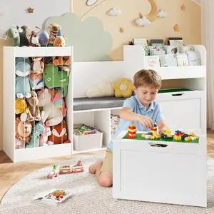68.9" W Kids Reading Nook, Toy Storage Box with Removable Building Baseplate Play Lid for Lego, Wooden Bookshelf with Stuffed Animal Storage, Bench and Removable Cushions for Playroom(White) 68.9" W Kids Reading Nook, Toy Storage Box with Removable Building Baseplate Play Lid for Lego, Wooden Bookshelf with Stuffed Animal Storage, Bench and Removable Cushions for Playroom(White)
