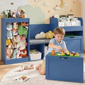 VontinT 68.9" W Wooden Reading Nook Kids Bookshelf Toy Storage Organizer VontinT 68.9" W Wooden Reading Nook Kids Bookshelf Toy Storage Organizer