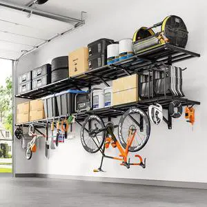 4-Pack 2x6ft Garage Wall Shelving with 8 Hooks, 1200lbs, Black 4-Pack 2x6ft Garage Wall Shelving with 8 Hooks, 1200lbs, Black