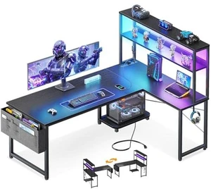 ODK 53" L Shaped Gaming Desk with Shelves, LED & Outlets, Black ODK 53" L Shaped Gaming Desk with Shelves, LED & Outlets, Black