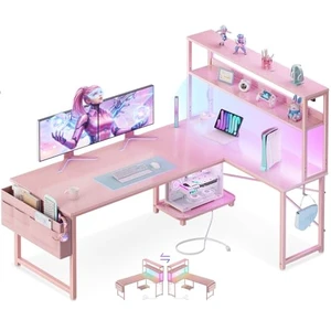 ODK 53" L Shaped Gaming Desk with Shelves, LED & Outlets, Pink ODK 53" L Shaped Gaming Desk with Shelves, LED & Outlets, Pink