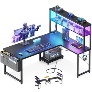 ODK 43" L Shaped Gaming Desk with Shelves, LED & Outlets, Black ODK 43" L Shaped Gaming Desk with Shelves, LED & Outlets, Black
