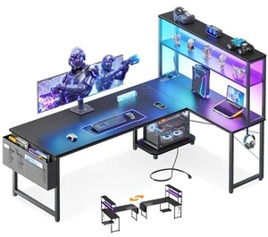 ODK 61" L Shaped Gaming Computer Desk with Shelves, LED & Outlets, Black ODK 61" L Shaped Gaming Computer Desk with Shelves, LED & Outlets, Black