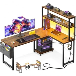 ODK 53" L Shaped Gaming Desk with Shelves, LED & Outlets, Vintage ODK 53" L Shaped Gaming Desk with Shelves, LED & Outlets, Vintage
