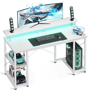 ODK 48 Inch Gaming Desk with LED Lights & Storage Shelves, White ODK 48 Inch Gaming Desk with LED Lights & Storage Shelves, White