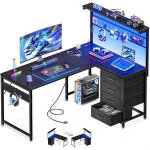 MOTPK 43" L Shaped Gaming Desk with Shelf & 4 Drawers, Black MOTPK 43" L Shaped Gaming Desk with Shelf & 4 Drawers, Black
