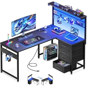MOTPK 43" L Shaped Gaming Desk with Shelf & 4 Drawers, Black Carbon Fiber MOTPK 43" L Shaped Gaming Desk with Shelf & 4 Drawers, Black Carbon Fiber