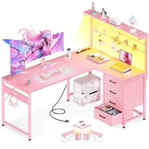 MOTPK 51" L Shaped Gaming Desk with Shelf & 4 Drawers, Carbon Fiber Pink MOTPK 51" L Shaped Gaming Desk with Shelf & 4 Drawers, Carbon Fiber Pink