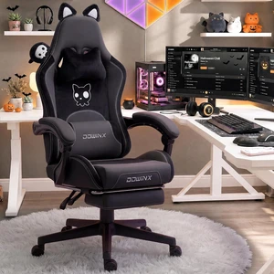 Gaming Chair with Cat Ears and Massage Lumbar Support, Ergonomic Computer Chair with Footrest and Headrest, Comfortable Reclining Game Chair 290lbs for Adults, Black Gaming Chair with Cat Ears and Massage Lumbar Support, Ergonomic Computer Chair with Footrest and Headrest, Comfortable Reclining Game Chair 290lbs for Adults, Black